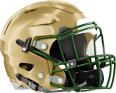 Gold football helmet with green faceguard.