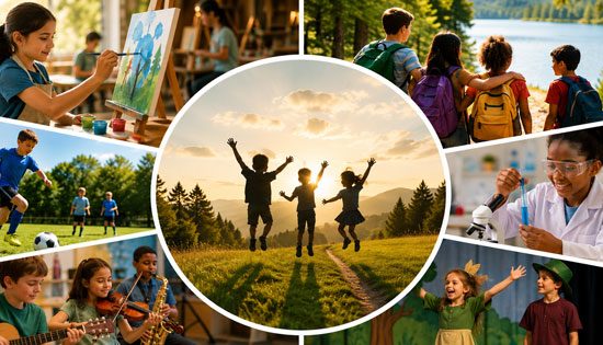 Collage of children engaging in various activities.