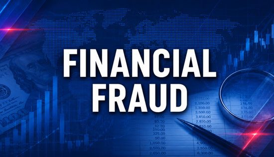 Financial fraud concept with magnifying glass.