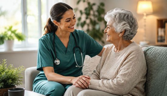 Nurse smiling with senior woman at home