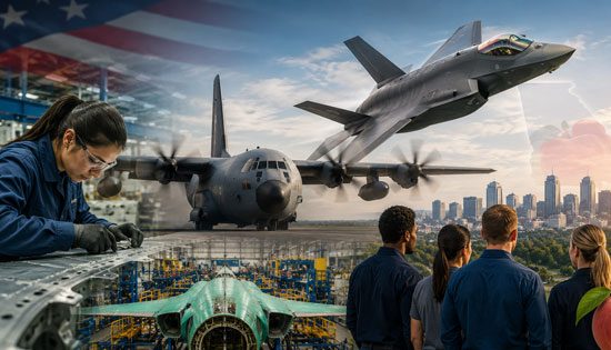 American aerospace montage: jets, workers, city skyline