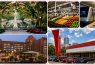 City scenes: fountain, market, train, buildings, skyline.