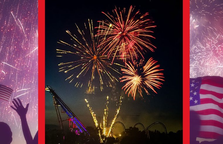 Fireworks over amusement park with American flags